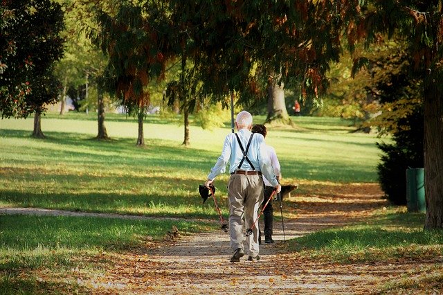 Personnes âgées marchant dans un parc.